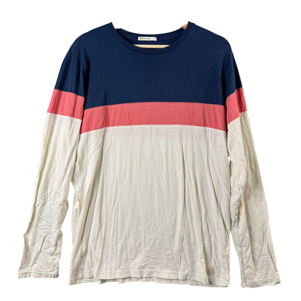 Marine Layer Mens Long Sleeve Colorblock Tee Navy Pink Cream Spring Size M